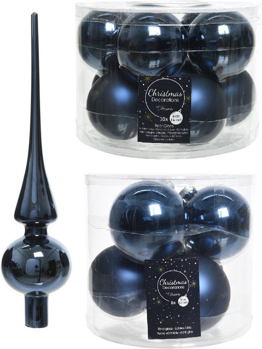 Compleet glazen kerstballen pakket donkerblauw glans/mat 32x stuks met piek glans - 20x 6 cm - 12x 8 cm