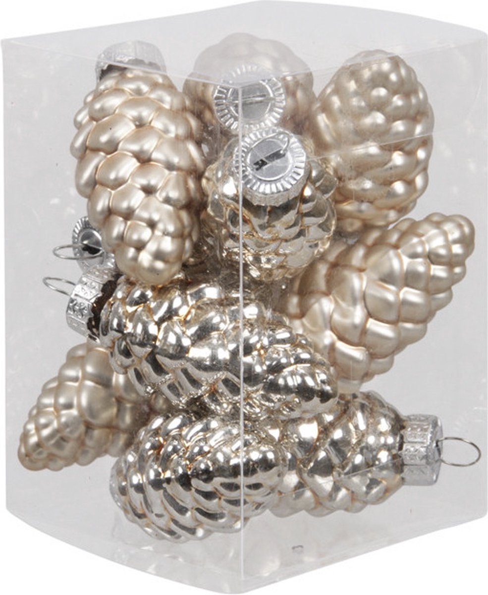 Chique glazen kersthangers in licht champagne met dennenappelvorm, set van 12 stuks, 6 cm groot.