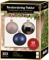Kerstbal en piek set 91x zilver-lichtroze-donkerblauw voor 150 cm boom - Kerstboomversiering