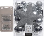 33x stuks kunststof kerstballen 5, 6 en 8 cm zilver inclusief ster piek en kerstbalhaakjes - Kerstversiering - Onbreekbaar