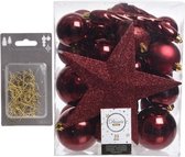 33x stuks kunststof kerstballen 5, 6 en 8 cm donkerrood inclusief ster piek en kerstbalhaakjes - Kerstversiering - Onbreekbaar