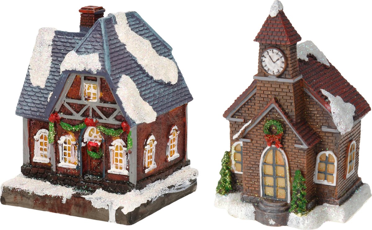 Kerstdorpje met verlichting, 2 kersthuisjes van 13 cm, ideaal voor kerstdorpen maken, Merkloos.