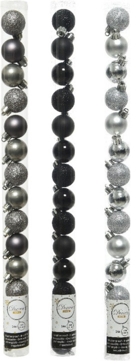 42x Stuks kunststof kerstballen mix zwart/antraciet grijs/zilver 3 cm - Kleine kerstballetjes - Kerstboomversiering