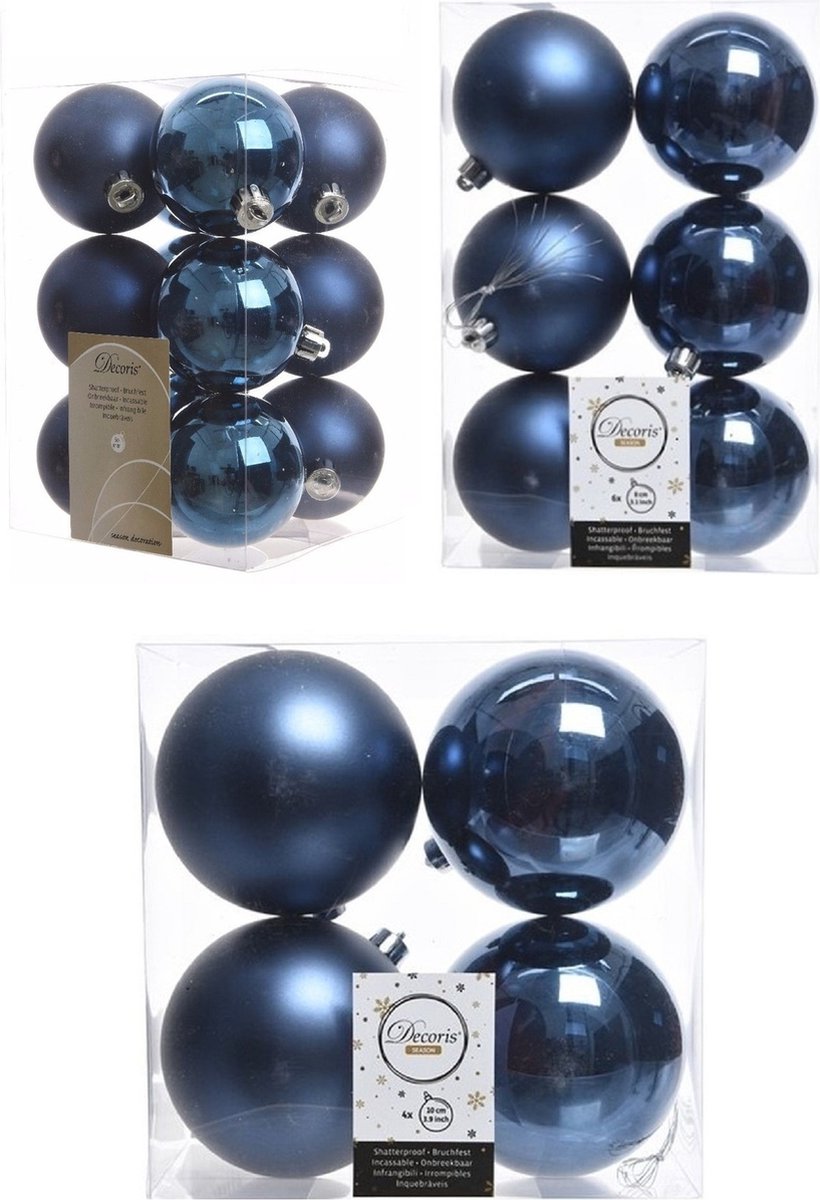 Decoris Kerstballen kunststof donkerblauw - 6-8-10 cm - mix mat en glans - 22 stuks - kerstboomversiering