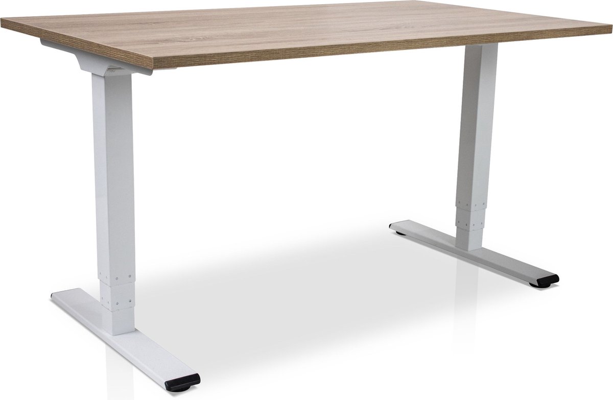 Zit-sta bureau elektrisch verstelbaar - MRC COMFORT NEN-EN 527 | 140 x 80 cm | frame wit - blad midden eiken