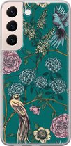 Hoesje geschikt voor Samsung Galaxy S22 - Vogels Japanse bloemen - Soft Case - TPU - Bloemen - Groen - Mooie Telefoonhoesjes