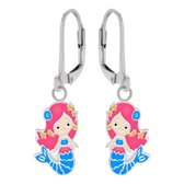 Oorbellen meisje | Zilveren kinderoorbellen | Zilveren oorhangers met hanger, zeemeermin met blauwe staart en roze haren
