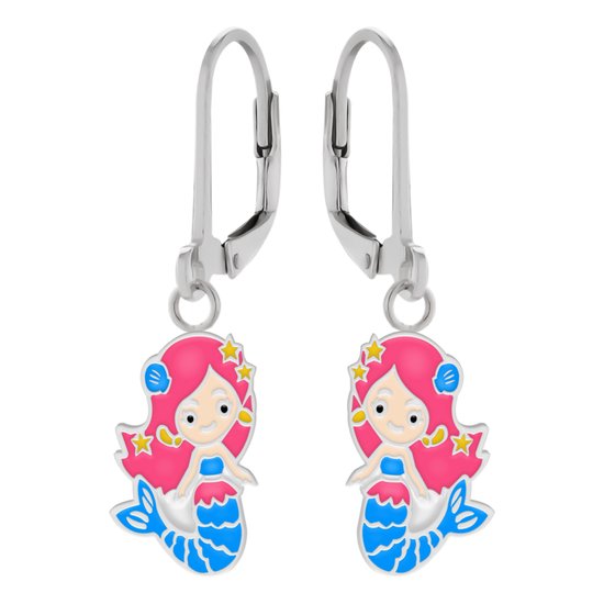 Boucles d'oreilles fille | Boucles d'oreilles enfants en argent | Boucles d'oreilles en argent avec pendentif, sirène avec queue bleue et cheveux roses