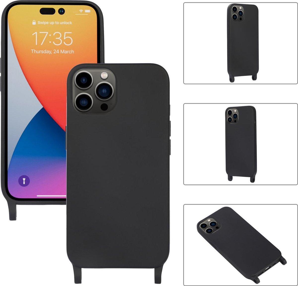 Mobigear Telefoonhoesje geschikt voor Apple iPhone 14 Pro Max Siliconen | Mobigear Lanyard Hoesje met koord - Zwart