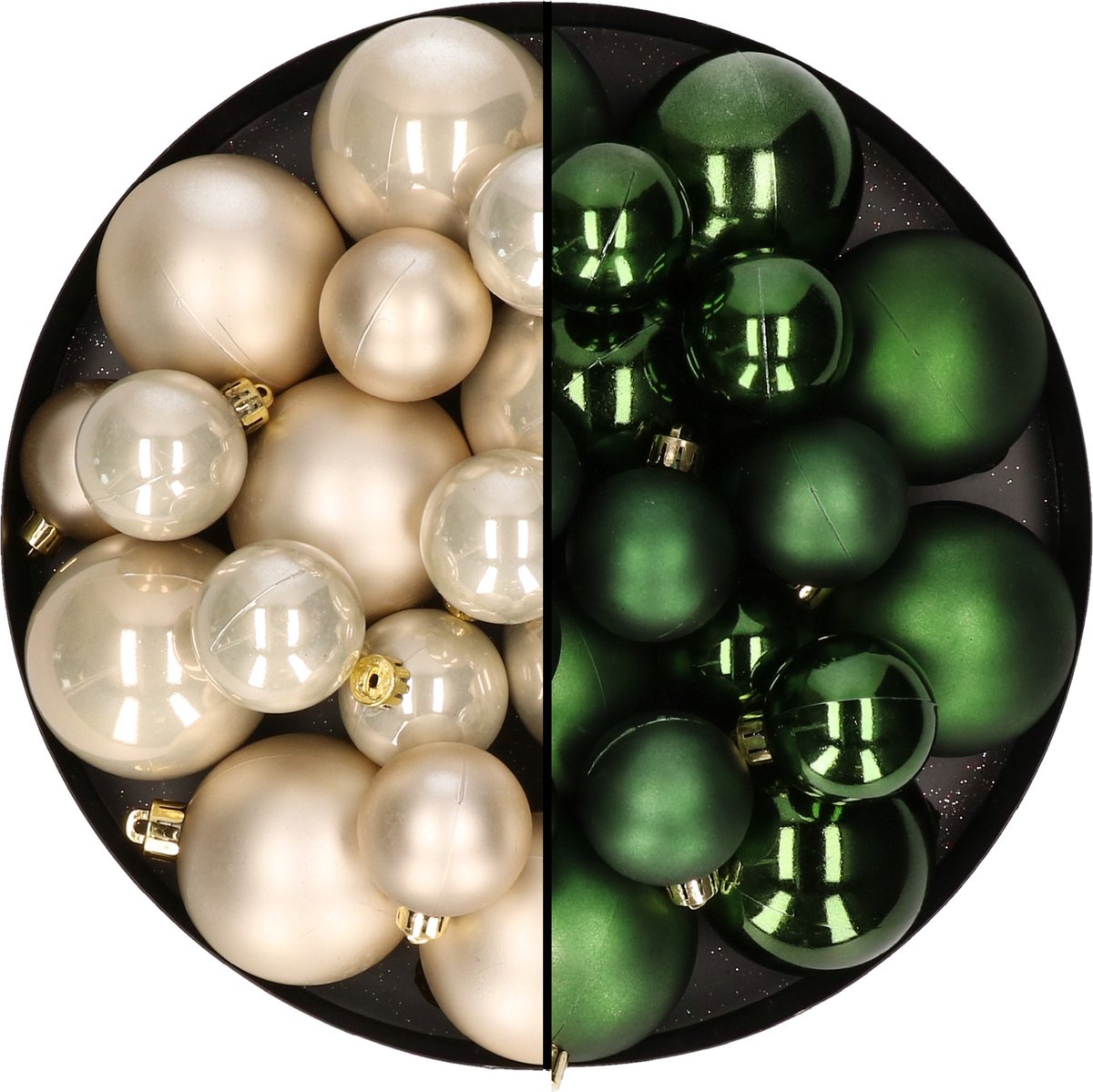 Kerstversiering kunststof kerstballen kleuren mix champagne/donkergroen 6-8-10 cm pakket van 44x stuks
