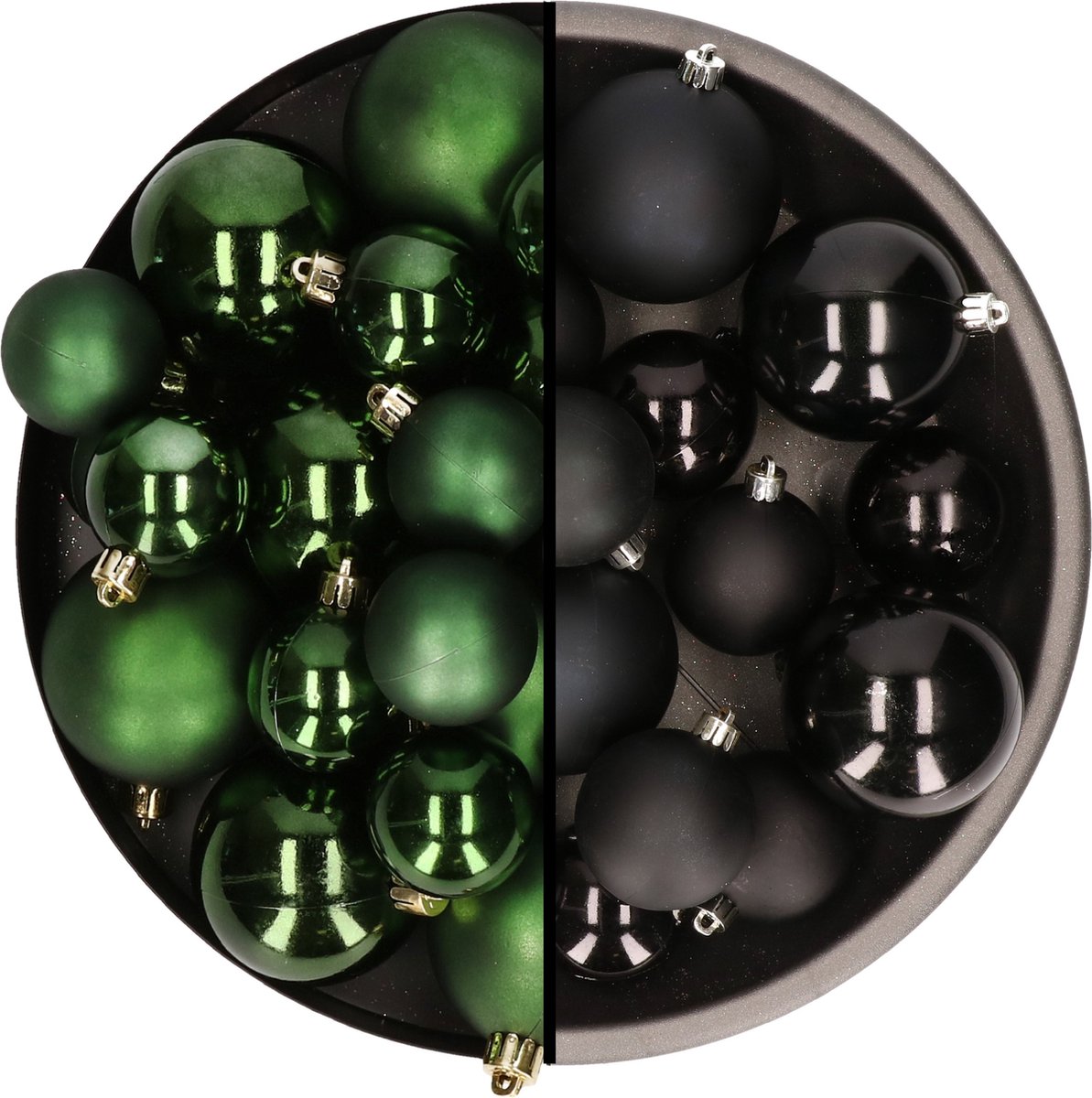 Kerstversiering kunststof kerstballen kleuren mix zwart/donkergroen 6-8-10 cm pakket van 44x stuks