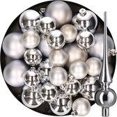 Kerstversiering kunststof kerstballen met glazen piek zilver 6-8-10 cm pakket van 37x stuks - Kerstboomversiering