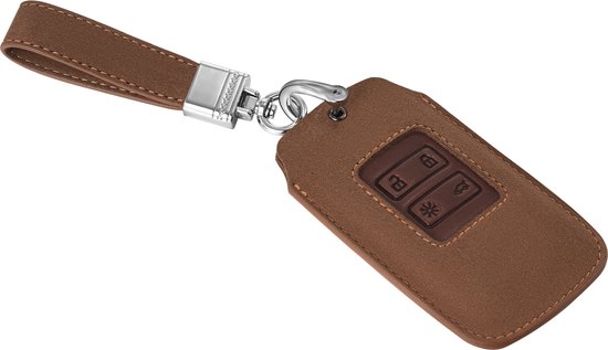 Lichtbruin suède autosleutel hoesje met riempje en karabijnsluiting, met 4 knoppen.