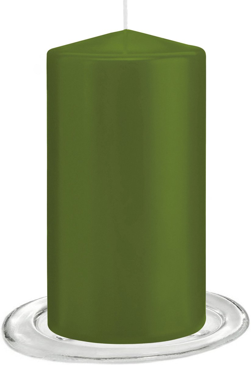 Trend Candles - Stompkaarsen met glazen onderzetters set van 2x stuks olijf groen 8 x 15 cm