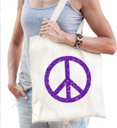 Toppers Flower Power katoenen tas met peace teken wit met paarse glitters voor volwassenen - Sixties/jaren 60/toppers tasjes