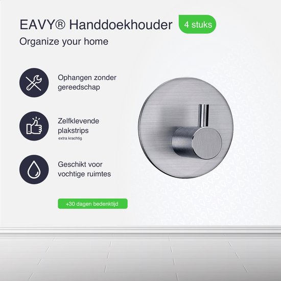 Zilverkleurige EAVY handdoekhaak zonder gereedschap te bevestigen met zelfklevende plakstrip.