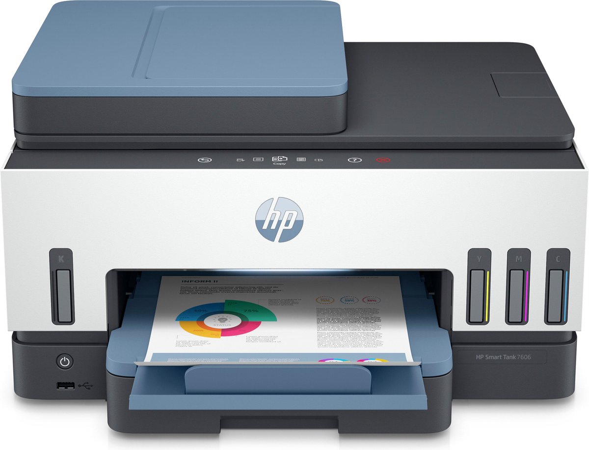 HP Smart Tank 7606 All-in-One, Printen, kopiëren, scannen, faxen, ADF en draadloos, Invoer voor 35 vel; Scans naar pdf; Dubbelzijdig printen