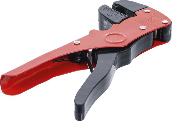 Rode en zwarte automatische striptang met open grepen en grijpers, 0,5-20 mm.