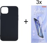 Hoesje Geschikt voor: iPhone 14 Silicone - Zwart + 3X Tempered Glass Screenprotector - ZT Accessoires