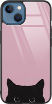 Hoesje geschikt voor iPhone 13 - Zwarte kat - Luxe Hard Case - Marmer - Roze - Mooie Telefoonhoesjes