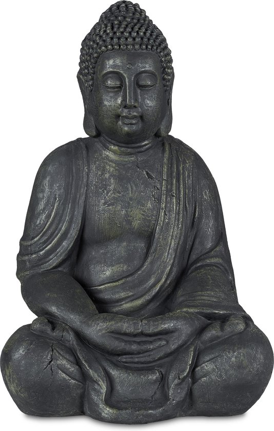 Relaxdays boeddha beeld - 70 cm - zen tuinbeeld - polyresin - tuindecoratie - antraciet