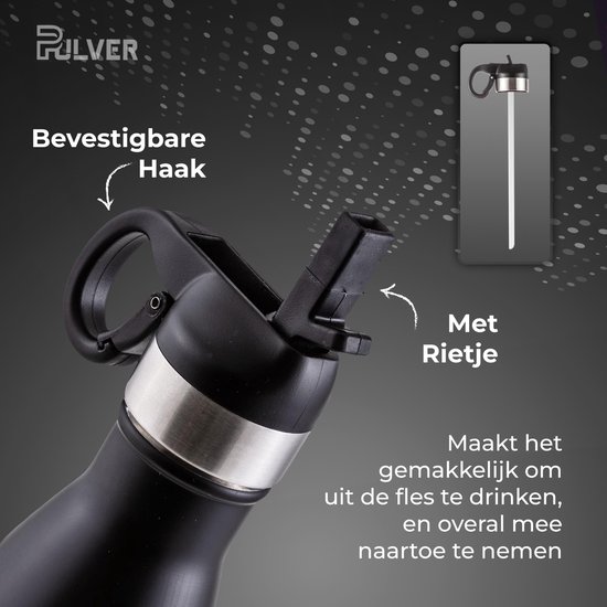 Pulver - Bouteille Thermos / Gourde De Luxe En Acier Inoxydable - Sans BPA - 500 ml - Bouteille D'eau Avec Paille - Gourde - Double Isolation - Zwart