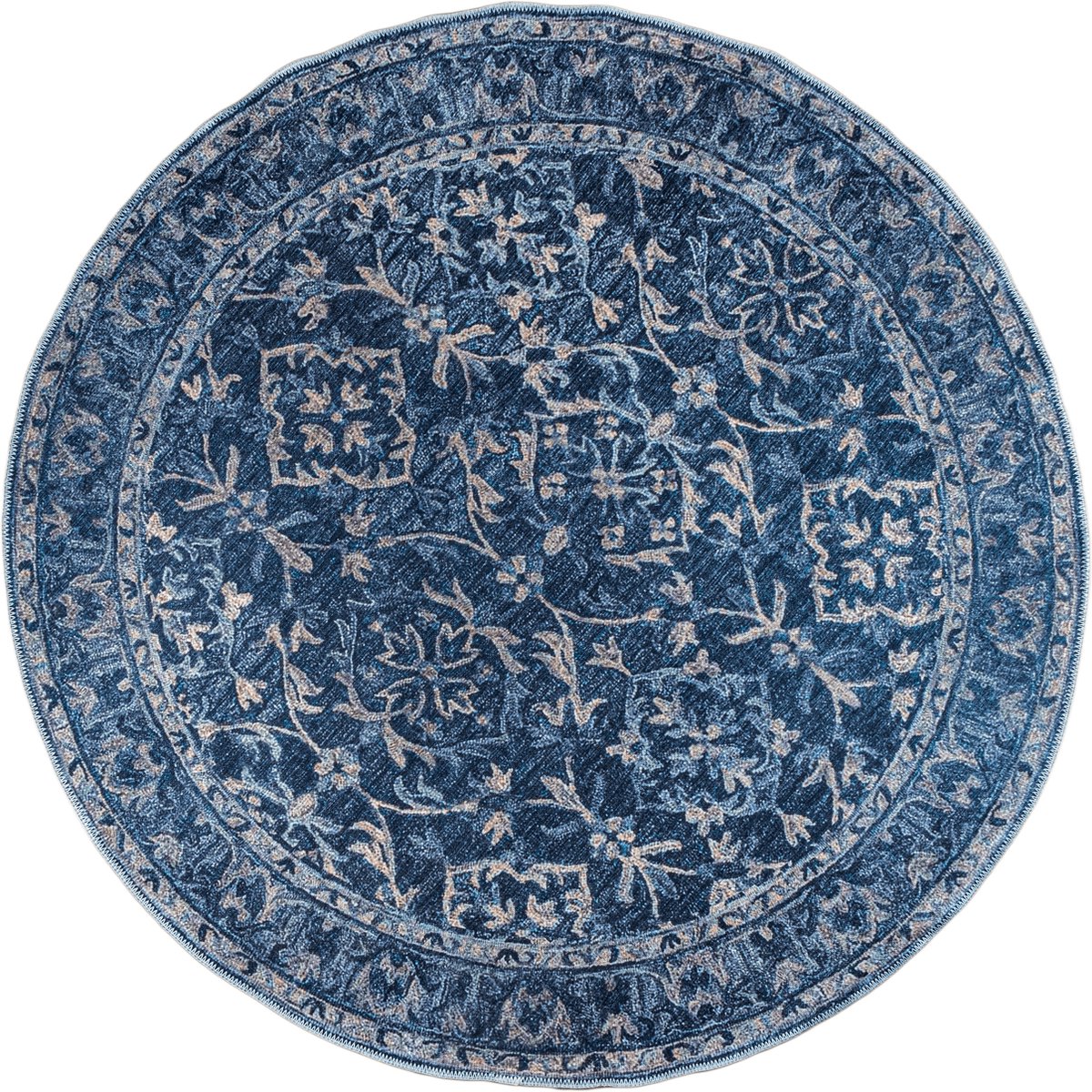 Rond Vintage Vloerkleed "Ira" - Perzisch Tapijt met Oosterse Fauna motieven in de kleur donker Groen 200 cm.