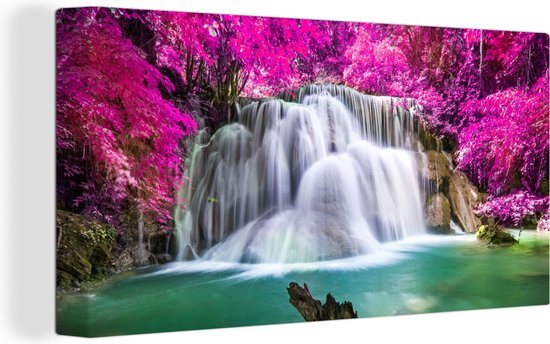 Canvas schilderij - Waterval - Bomen - Roze - Natuur - Canvas doek - 40x20 cm - Canvas natuur - Foto op canvas - Muurdecoratie - Woonkamer