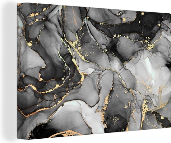 Toile Peinture Marbre - Zwart - Or - Grijs - 120x80 cm - Décoration murale