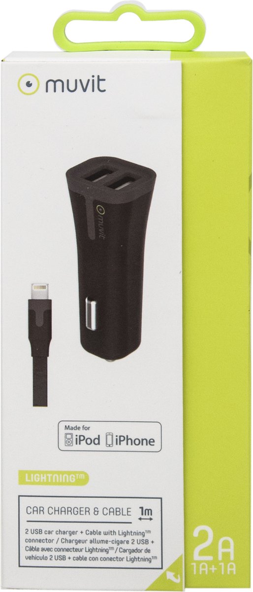 Muvit autolader met Apple lightning connector kabel - zwart - 2 Amp - 1m