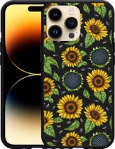 Geschikt voor Apple iPhone 14 Pro Max Hoesje Zwart Sunflowers - Designed by Cazy