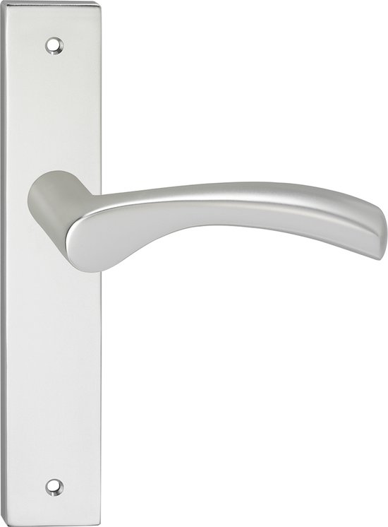 Zilverkleurige deurklink met vierkant deurschild.