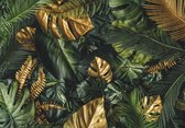 Fotobehang - Vlies Behang - Groene en Gouden Botanische Jungle Bladeren - 312 x 219 cm