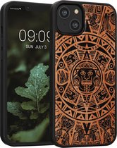 kwmobile telefoonhoesje geschikt voorApple iPhone 14 Plus - Hoesje met bumper - kersenhout - In lichtbruin / zwart Maya Kalender design