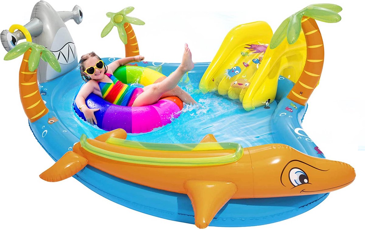 Cheqo® Luxe Speelcentrum - Opblaaszwembad - Speelmat - Zwembad voor Kinderen - Waterpretpark - Inclusief Glijbaan en Speelgoed