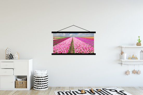 Porte-affiche avec affiche - Affiche scolaire - Tulipes - Soleil - Printemps - 150x75 cm - Lattes noires