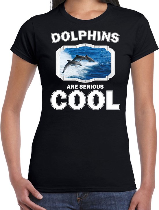 Dieren dolfijnen t-shirt zwart dames - dolphins are serious cool shirt - cadeau t-shirt dolfijn groep/ dolfijnen liefhebber S