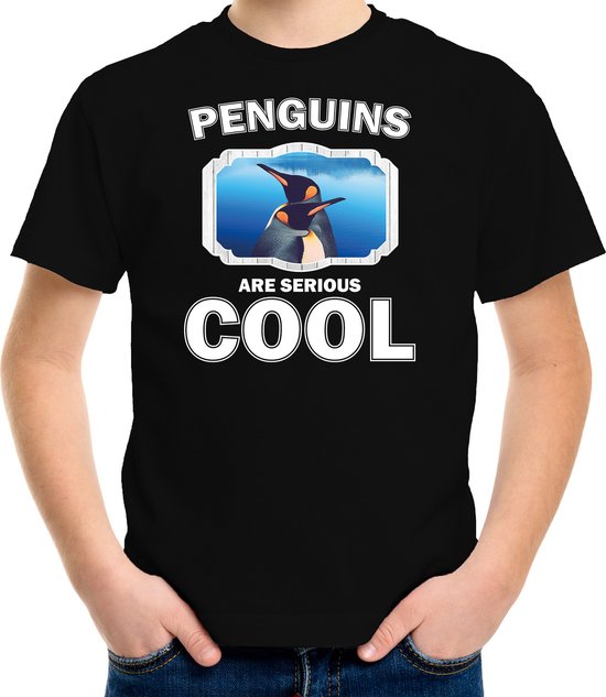 Dieren pinguins t-shirt zwart kinderen - penguins are serious cool shirt  jongens/ meisjes - cadeau shirt pinguin/ pinguins liefhebber - kinderkleding / kleding 122/128