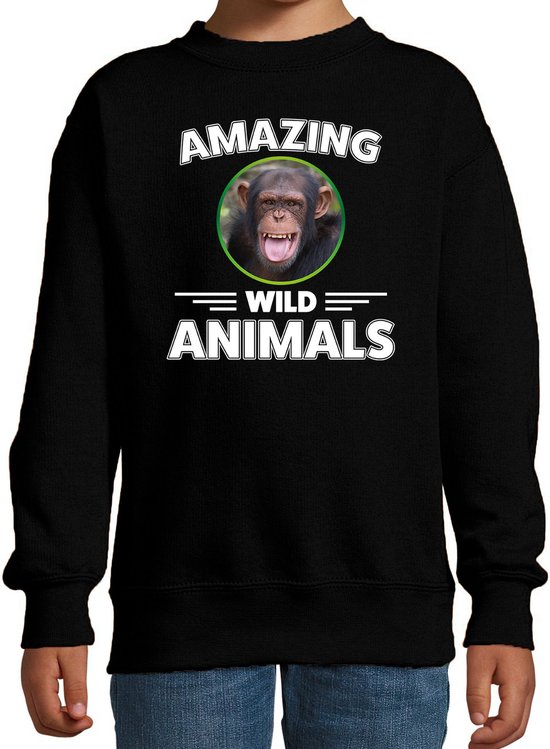 Sweater chimpansee - zwart - kinderen - amazing wild animals - cadeau trui chimpansee / chimpansee apen liefhebber 170/176