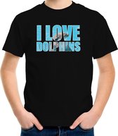 Tekst shirt I love dolphins met dieren foto van een dolfijn zwart voor kinderen - cadeau t-shirt dolfijnen liefhebber - kinderkleding / kleding 134/140
