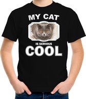 Britse korthaar katten t-shirt my cat is serious cool zwart - kinderen - katten / poezen liefhebber cadeau shirt - kinderkleding / kleding 122/128