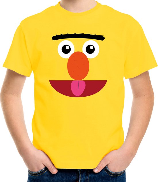 Gele cartoon knuffel gezicht verkleed t-shirt geel voor kinderen - Carnaval fun shirt / kleding / kostuum 158/164