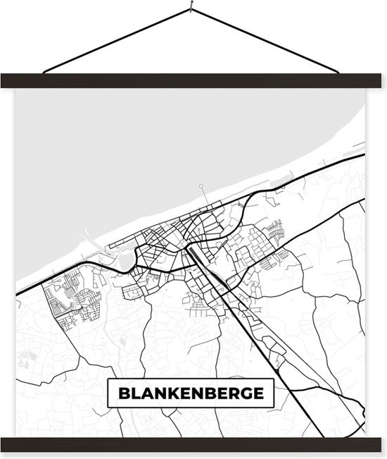 Porte-affiche avec affiche - Affiche scolaire - Plan de la ville - Carte - België - Zwart Wit - Blankenberge - Carte - 90x90 cm - Lattes noires