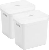 Set de 2x boîtes de rangement/paniers de rangement blanc de 25 litres en plastique avec couvercle transparent 35 x 25 x 36 cm