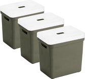 Set van 3x opbergboxen/opbergmanden donkergroen van 25 liter kunststof met transparante deksel 35 x 25 x 36 cm