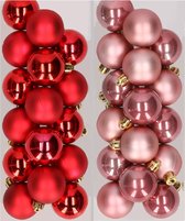 32x stuks kunststof kerstballen mix van rood en oudroze 4 cm - Kerstversiering