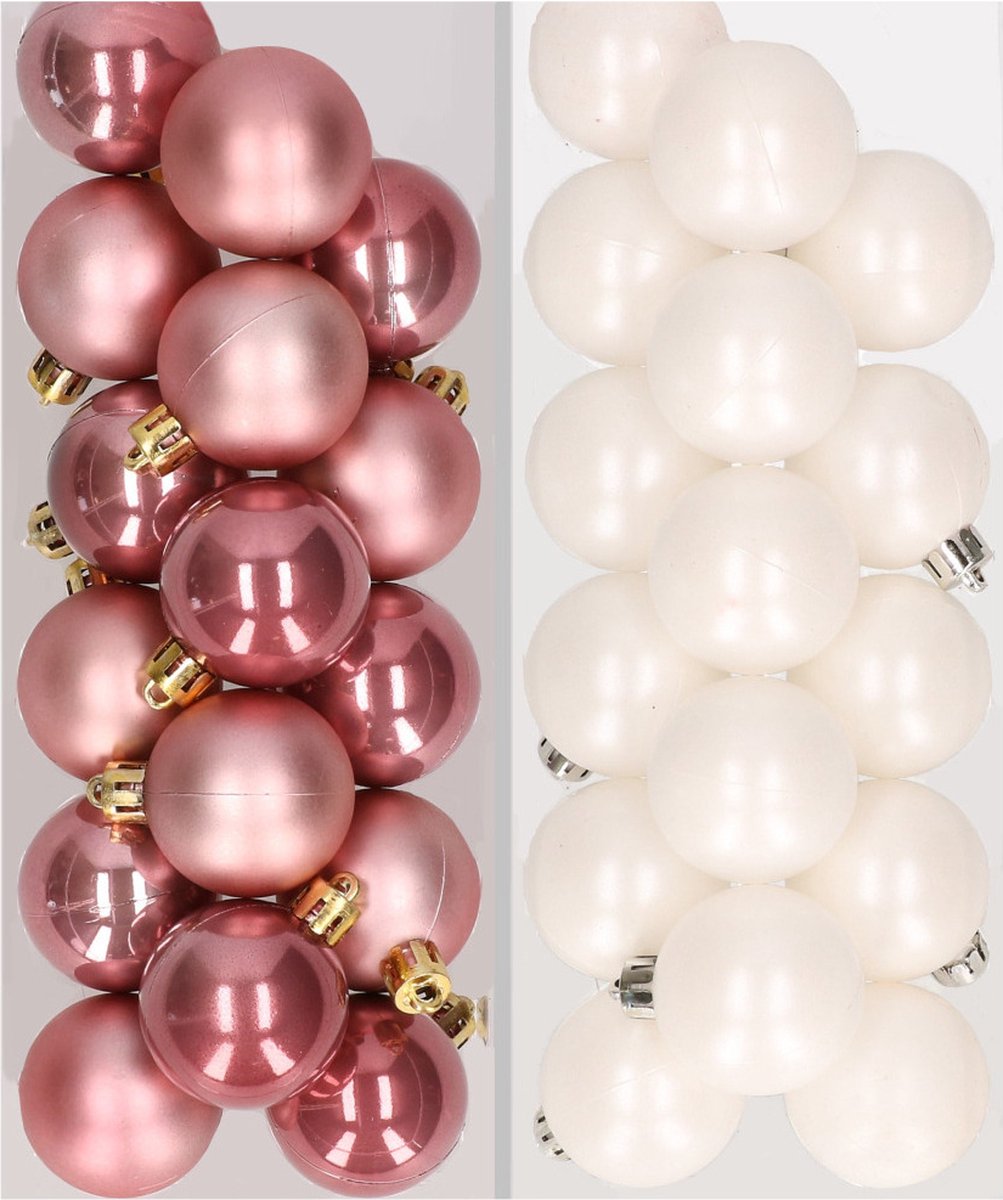 32x stuks kunststof kerstballen mix van oudroze en wit 4 cm