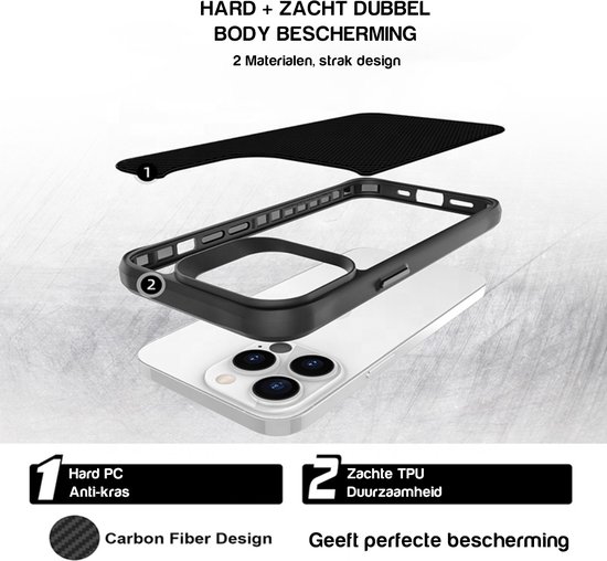 Explosie van een zwart carbon fiber hoesje met twee lagen: harde PC en zachte TPU, bovenop een iPhone 13 Pro.