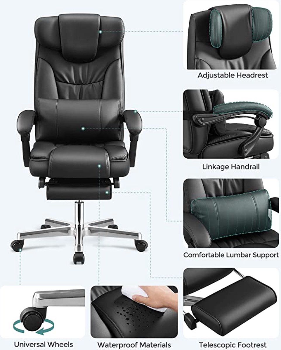 Luxe bureaustoel - Inklapbare hoofdsteun - Uittrekbare voetensteun - Leer bekleed