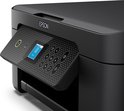 Close-up van de zwarte Epson printer met het bedieningspaneel open. Het scherm toont een batterij-icoon.